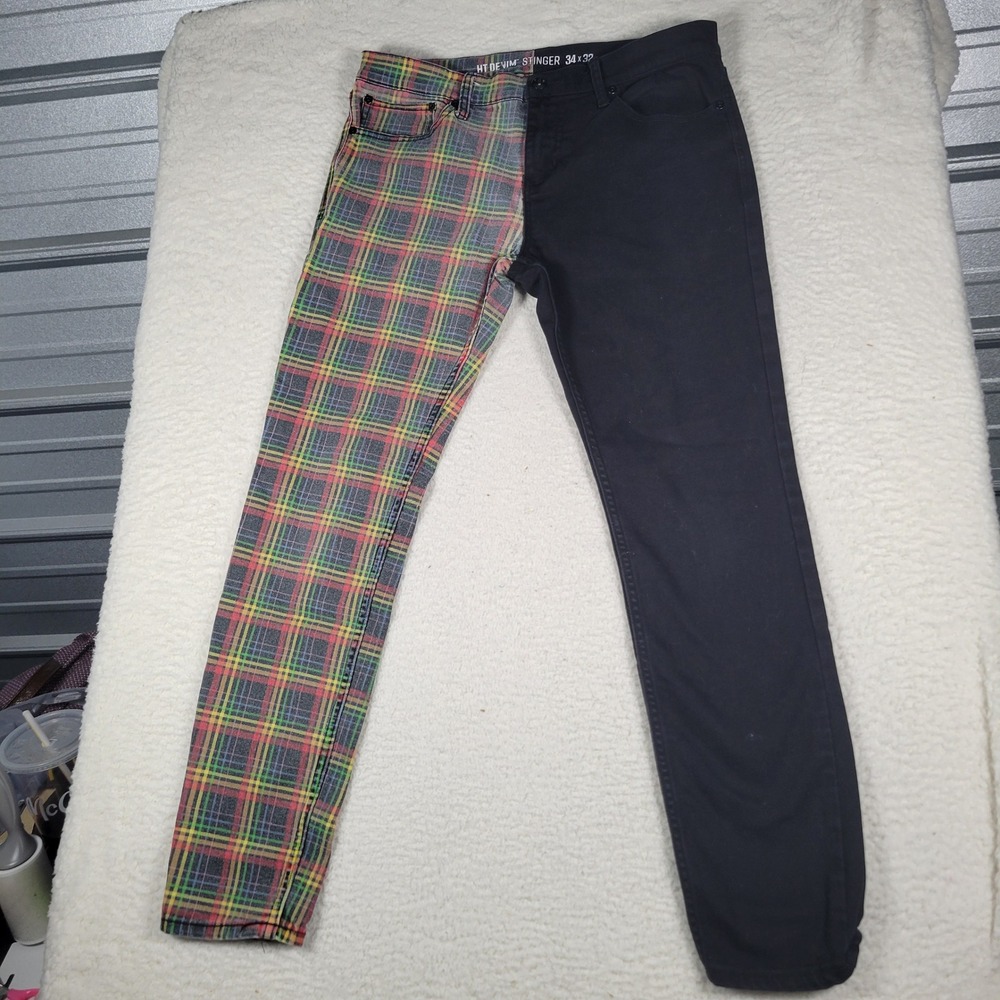 HT Denim Stinger Pants Mens 34 Black Plaid Split Leg Skinny Punk Jeans